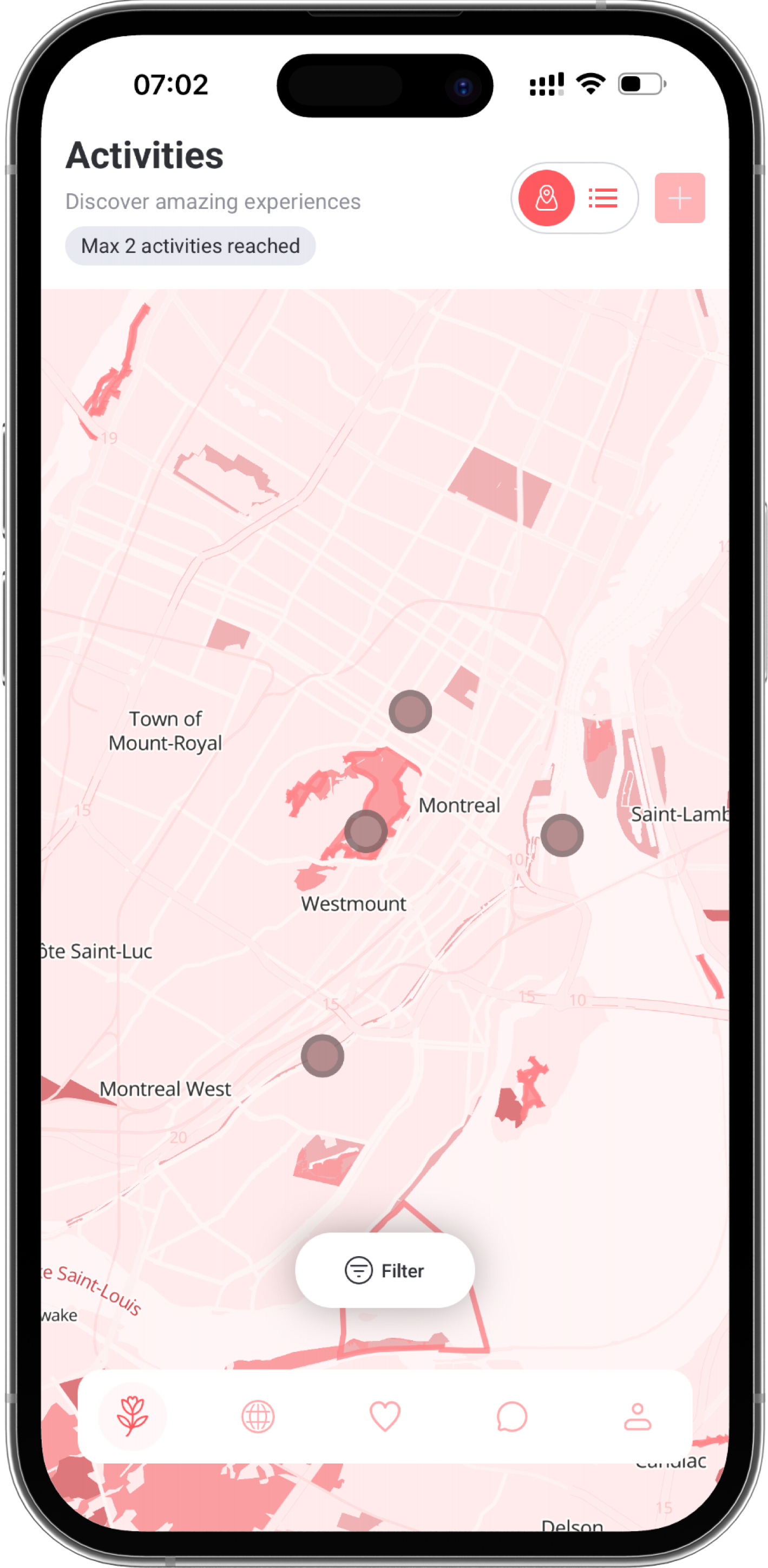 Screenshot of Blooom’s activities map on mobile