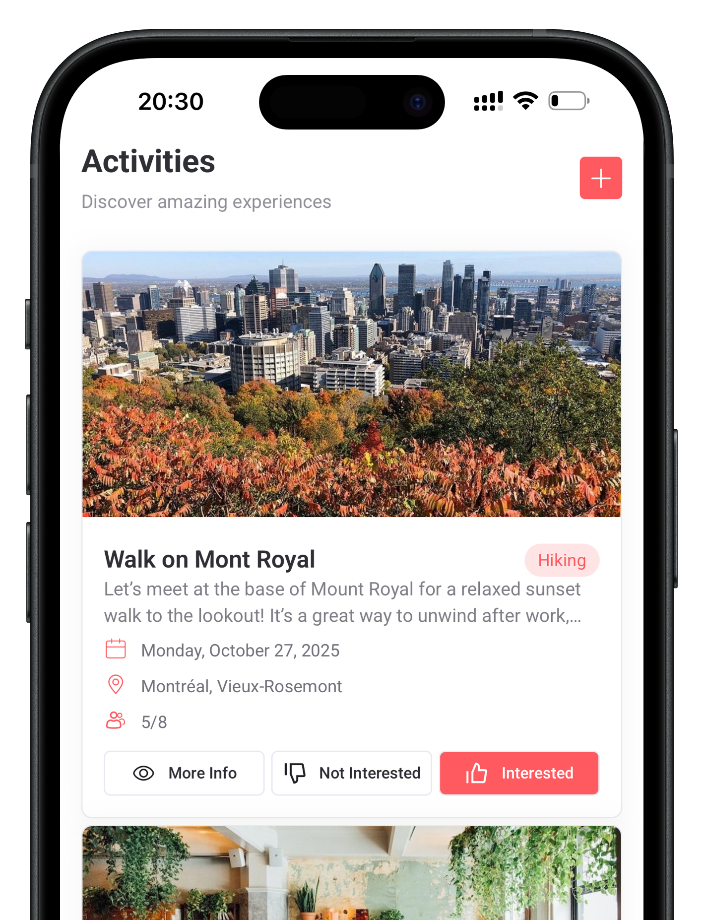 Capture d’écran de l’onglet Activités Blooom sur mobile
