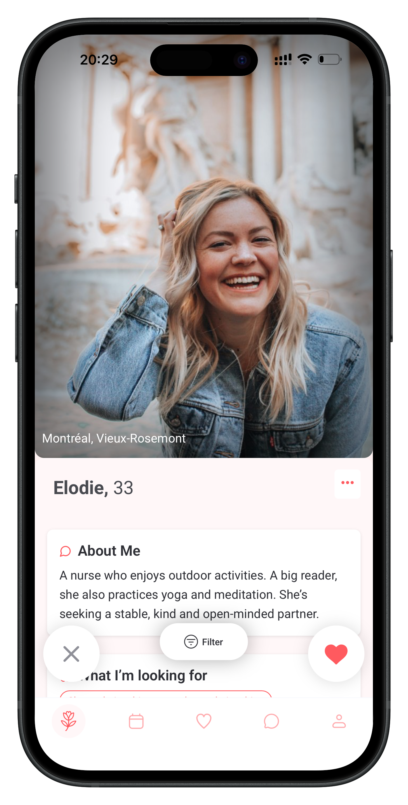 Capture d’écran de l’onglet Rencontres Blooom sur mobile